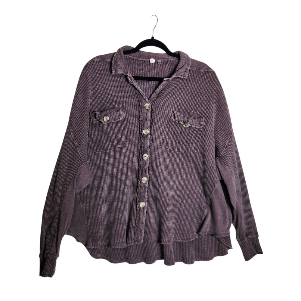 Free People FP One Waffle Knit Thermal Button Down Shirt Purple Large